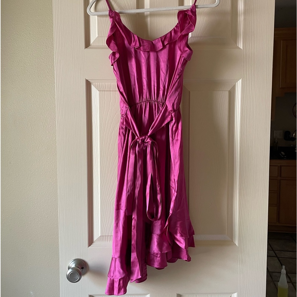 Rebecca Taylor Pink Silk Ruffle Asymmetrical Wrap Tie Wrap Dress
